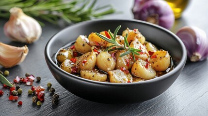 garlic antioxidant taste concept. A bowl of seasoned garlic cloves garnished with herbs, presenting a delicious and aromatic culinary dish.