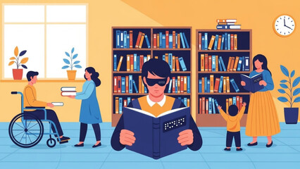 Diverse group of people reading books in a library with wheelchair accessibility and braille