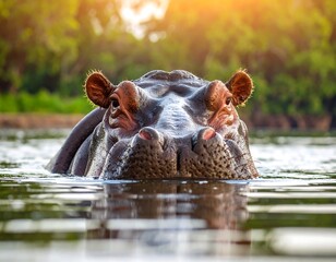 Fototapeta premium A large, semi-aquatic mammal with a wide snout and small ears emerges from water, bathed in sunlight with a backdrop of foliage