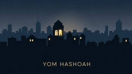 Naklejka premium Yom hashoah holocaust remembrance day cityscape at dusk with illuminated windows in dark buildings