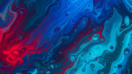 Vibrant Abstract Swirls of Red and Blue Fluid Art Texture with Organic Bubbles and Marbling Effects
