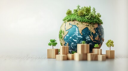 Sustainable earth with green trees on wooden blocks