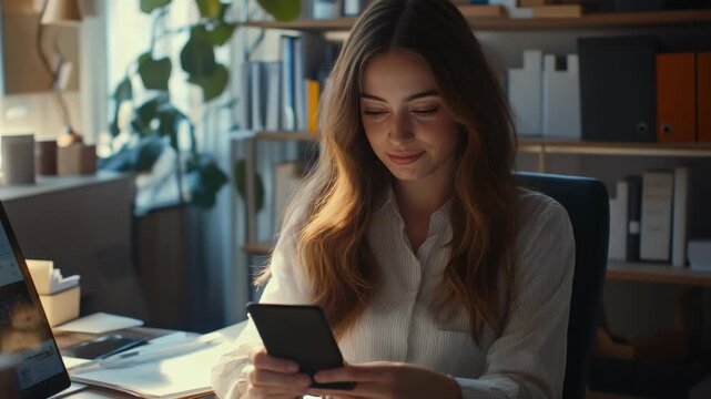 Smiling businesswoman using smartphone at desk in modern office environment