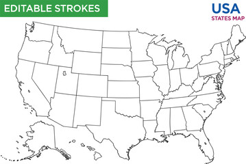 Blank USA states map with editable strokes, United States outline vector, administrative borders, geography educational chart, and country territory map. © Mim's World