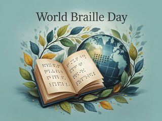 World Braille Day Illustration Featuring Open Braille Book and Globe Surrounded by Leaves