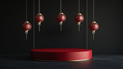 Red circular podium with hanging red lanterns on dark background