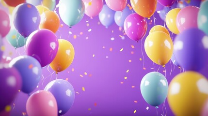 A vibrant and festive scene is filled with colorful balloons, confetti, and a soft purple background, creating a joyful atmosphere perfect for celebrations and special occasions