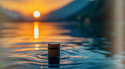 Serene sunset over calm lake with bamboo water filter