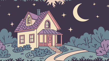 Fototapeta premium Cozy cottage under the moonlit night
