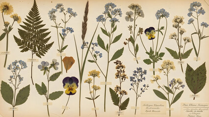 Vintage herbarium collection of pressed dried flowers and leaves on old paper botanical art