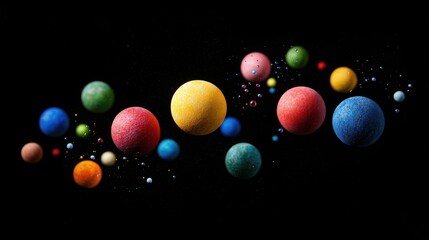 Colorful spheres floating in space, vibrant multicolored balls on a dark background
