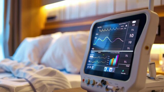 Electronic device on bedside table. Monitors vital signs and health status.