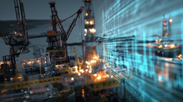 Oil Rig and Data Overlay: A captivating image unveils an offshore oil rig operating amidst a sea of digital data, symbolizing the convergence of technology and industry.