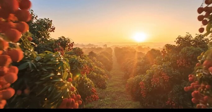 Lush lychee orchard at sunrise with vibrant fruit and misty landscape in the background