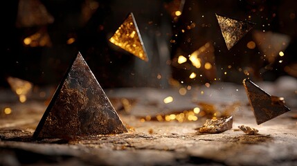 Abstract golden triangle fragments floating in the dark