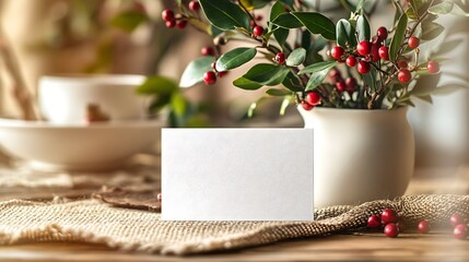 Elegant table setting with blank card and festive holly