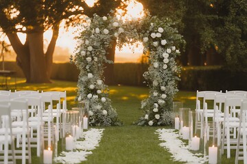 Romantic outdoor wedding ceremony setup with floral arch and candles