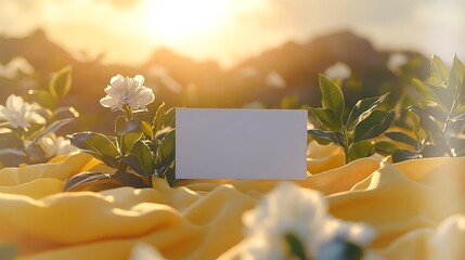 Blank business card on elegant yellow fabric with white flowers