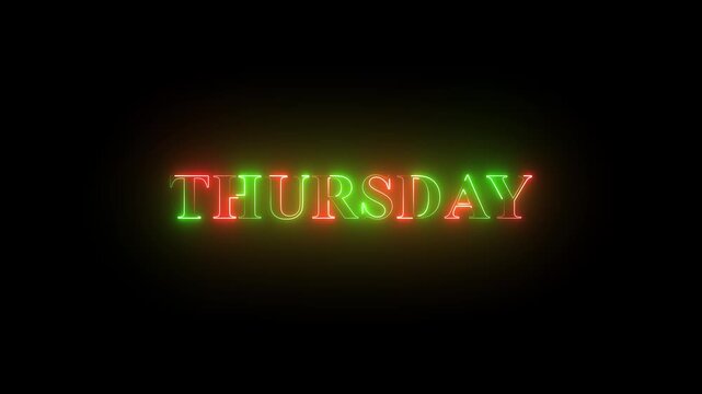 Thursday text neon glowing animation. Neon glow signs in seamless loop motion graphic .neon text icon animation with neon glowing rectangle frame.neon text and Black background.4k video