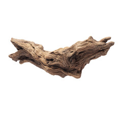 Gnarly, weathered driftwood with intricate texture and organic shape on black background