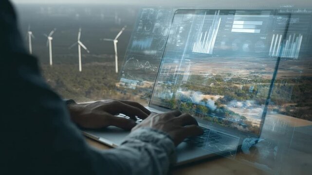 Wind Energy Management: A close-up shot of a person using a laptop to monitor and manage wind energy, with virtual displays overlaying a landscape of wind turbines.
