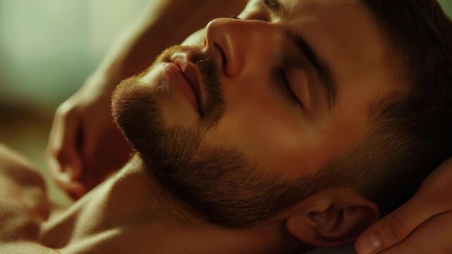 A man is receiving a massage with his eyes closed. He has a shaved head and facial hair, giving him a relaxed and comfortable appearance.