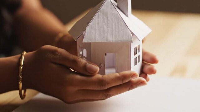A person's hands carefully hold a small paper model house on a wooden surface