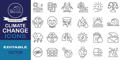 Set of climate change line icons. Global warming, environment, weather, drought and more. Simple line art style icons pack. Vector illustration.