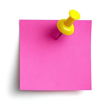 Pink sticky note attached by a yellow pushpin, casting a slight shadow