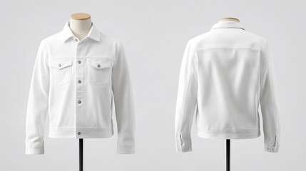 White denim jacket displayed on a mannequin from multiple angles.