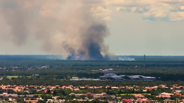 Smoke plume from prescribed burn visible over Florida community during safe fire control.