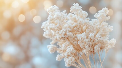 Soft white flowers in a dreamy bokeh background with warm sunlight
