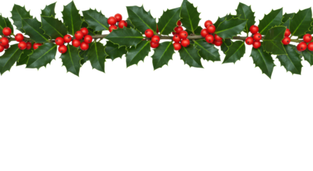Seamless horizontal border of vibrant glossy green holly branches with reflective leaves and bright red berries, against a transparent background with copy space. Festive Christmas holiday decoration