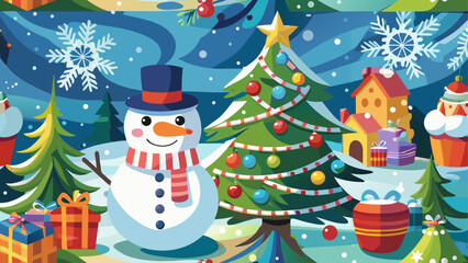 Winter wonderland with snowman and christmas tree