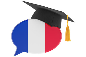 Speech bubble with French flag and graduation cap, transparent background