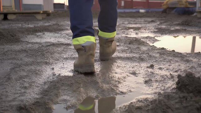 Construction worker wearing muddy safety boots walks through wet sludge ground