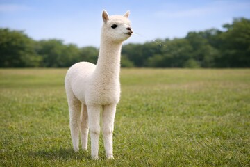 Fototapeta premium White Alpaca Preparing to Spit in Green Field