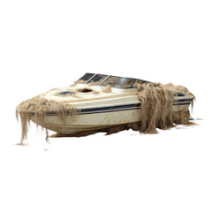 Abandoned speed boat covered in dried seaweed and debris on a black background