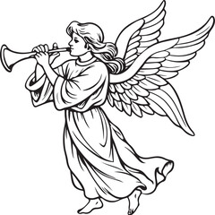 Fototapeta premium Vintage illustration of a beautiful cartoon woman as a fantasy angel with wings and a trumpet wearing a dress in a vector sketch art style for a Christmas holiday religion design