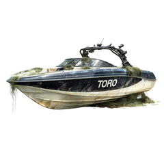 Abandoned boat covered in weeds and dirt on a black background