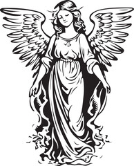 Fototapeta premium Vintage sketch of a woman angel with wings in a hand-drawn vector illustration style featuring ancient art elements for a tattoo design