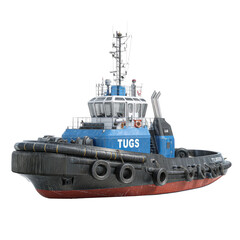 Blue and black tugboat with 'TUGS' written on its side, isolated on black background