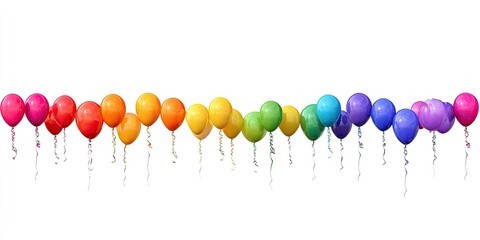 Rainbow of balloons arranged in a horizontal line with curling ribbons