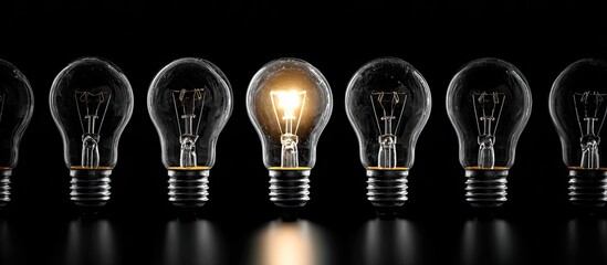 Row of light bulbs, one illuminated, standing out in darkness