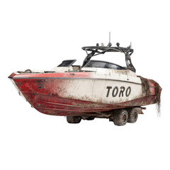 Dirty speed boat on a trailer with tangled ropes