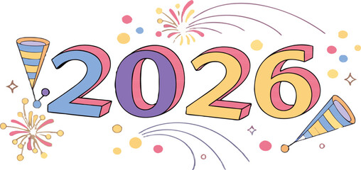 Vibrant New Year 2026 3D numbers with fireworks and celebration effects, isolated vector on transparent background.