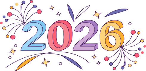 New Year celebration vector with colorful 3D 2026 numbers, fireworks explosions, and festive party effects, no background.
