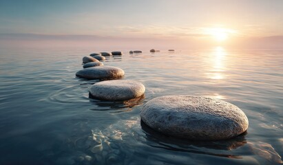 Stepping stones lead towards sunset over calm water; peaceful horizon