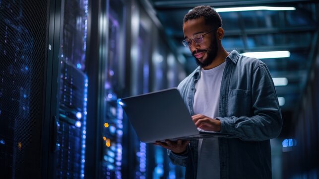 A skilled IT technician is focused on analyzing data on a laptop in a dimly lit server room. Surrounded by glowing servers, he works to ensure optimal network performance and cybersecurity. - Powered by Adobe