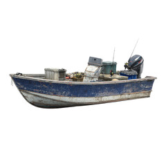 Fishing boat with outboard motor, fishing rods, and storage boxes on a black background